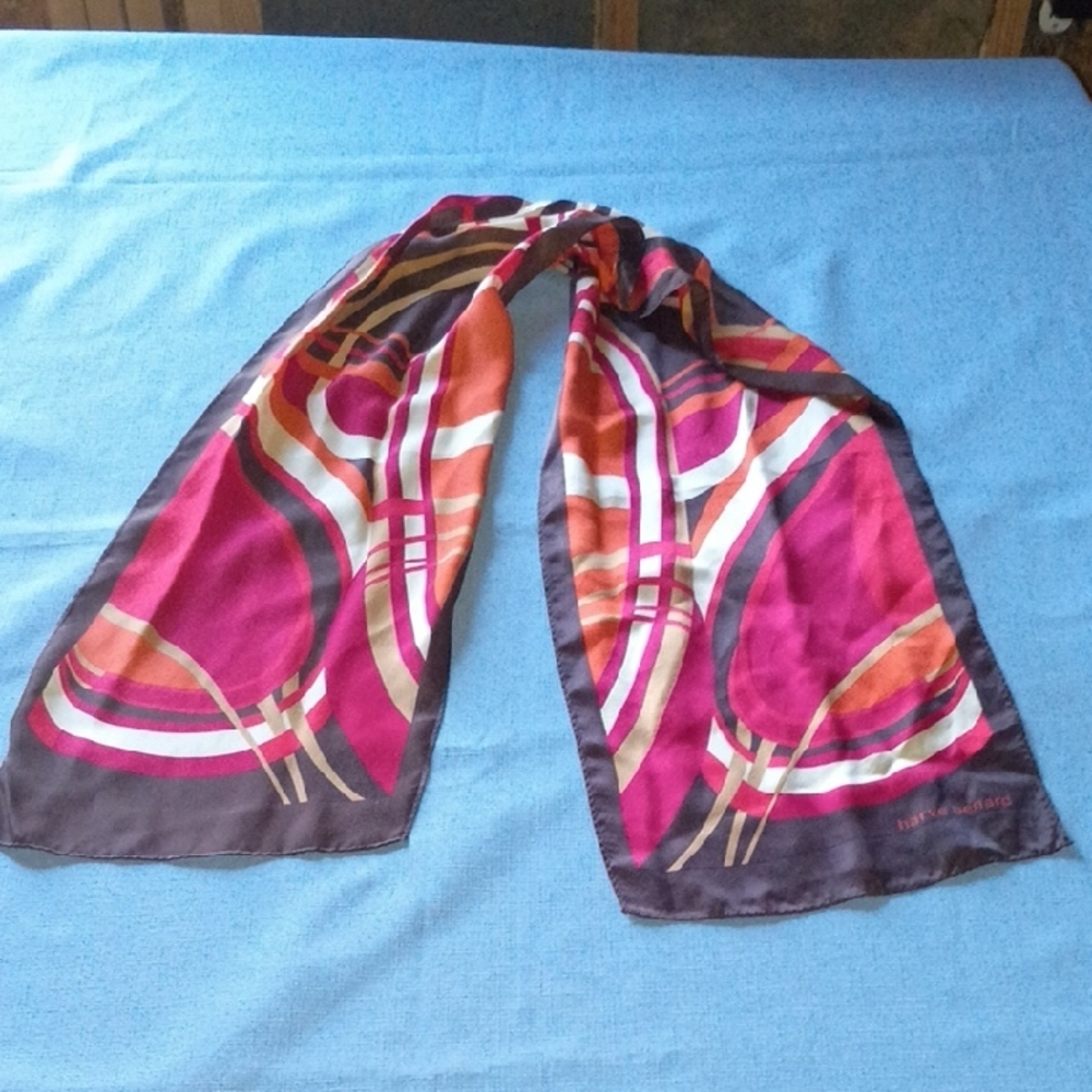Harve Benard Geometric Print Lightweight Scarf in Fuchsia, Orange and Brown,Silk